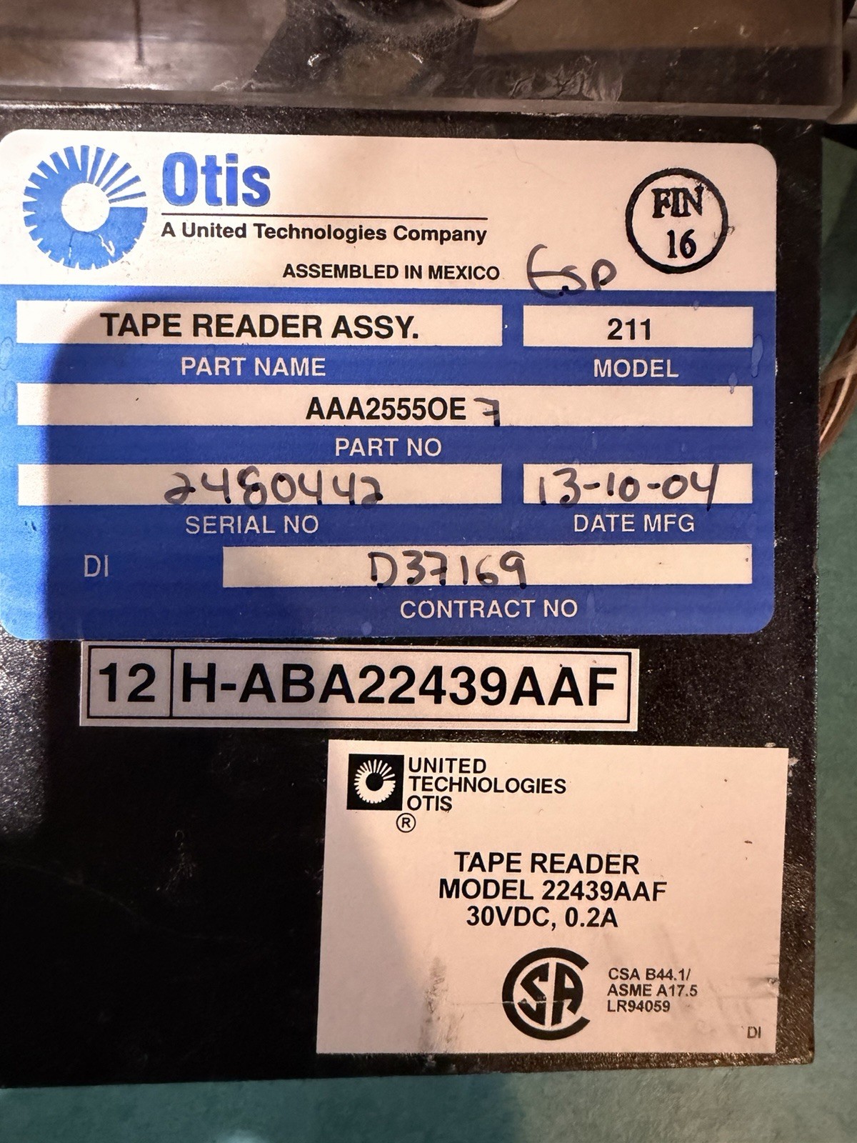 Otis Tape Reader Assy Model 22439AAF Part No AAA2555OE (MPN AAA2555OE)