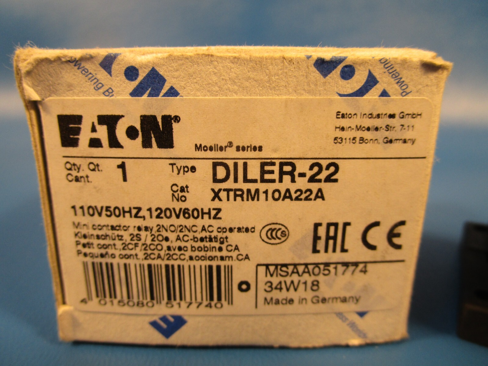 EATON DILER22, XTRM10A22A, Mini Control Relay, 10 A Contact Form 2/no/2nc