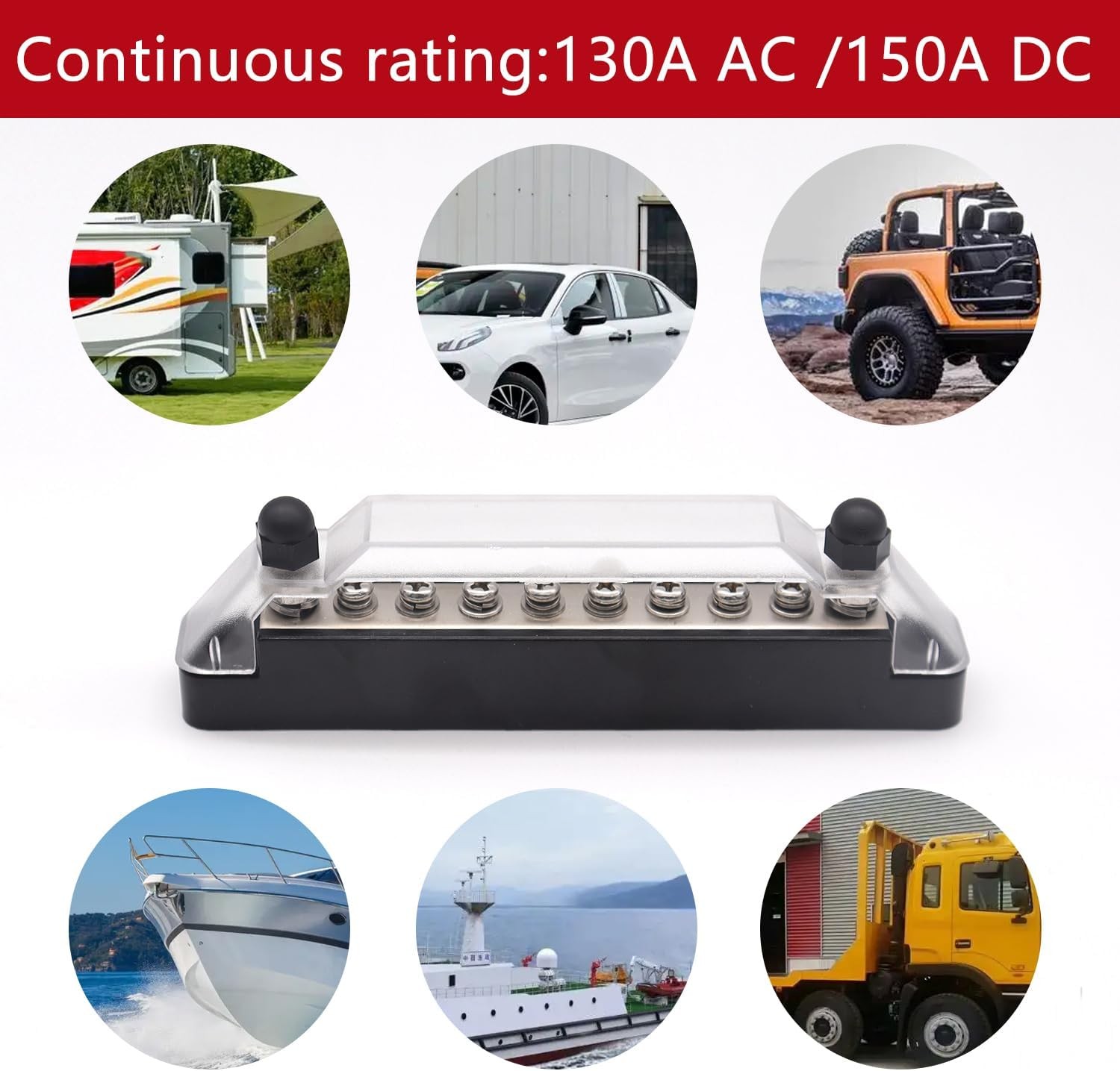 150A 12V Bus Bar Marine, 1/4″ Power 150A, 2 x M6 Studs & 8 x M4 Screws(BK+R)