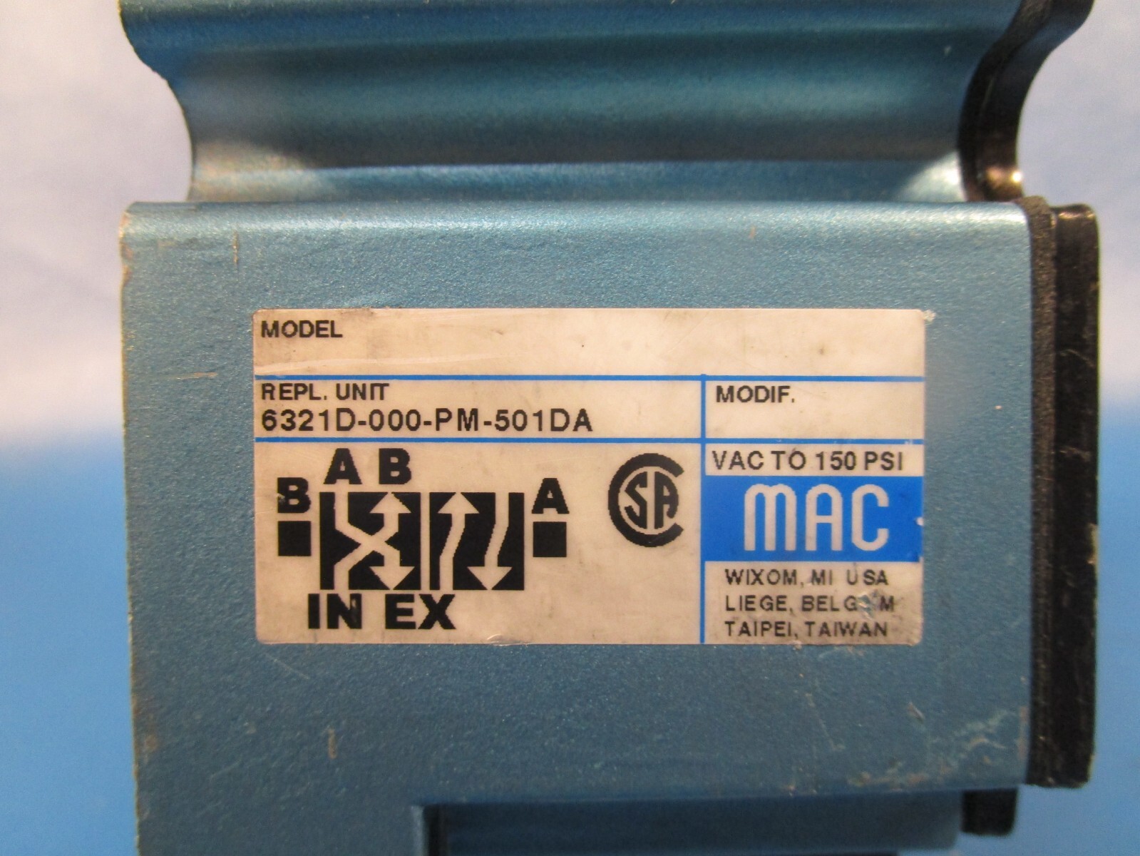 MAC 6321D-000-PM-501DA SOLENOID VALVE; 4-WAY; 0-150PSI; 110/120VAC; 50/60HZ; 6.8