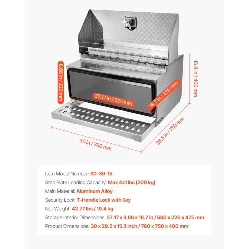 Semi-Truck Step Tool Box, 30″ x 29.5″ x 15.8″ Heavy Duty Aluminum Diamond Plate