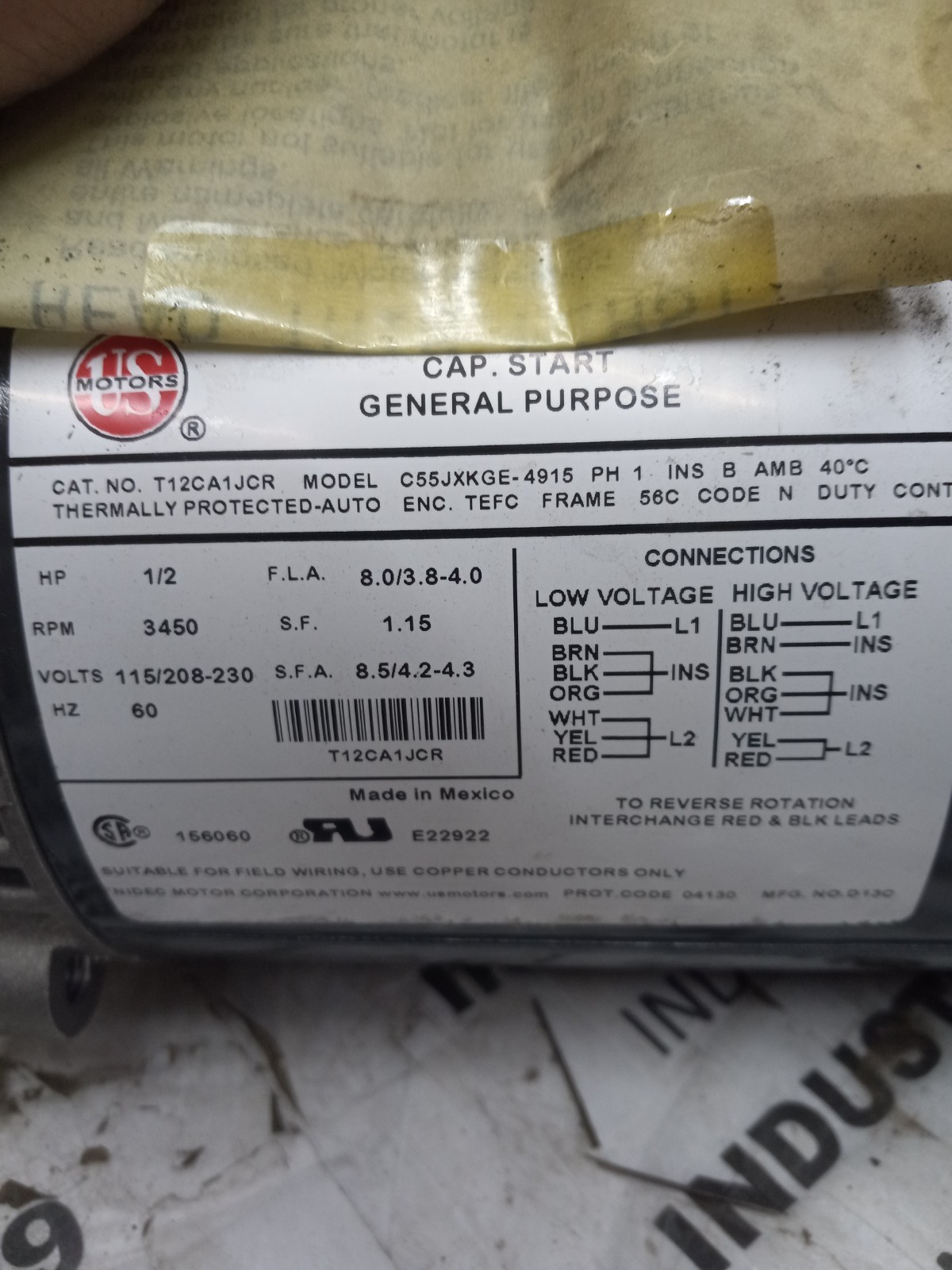 .5 HP US MOTORS T12CA1JCR 3450 RPM 1PH 60HZ TEFC FR:56C 115-208/230V