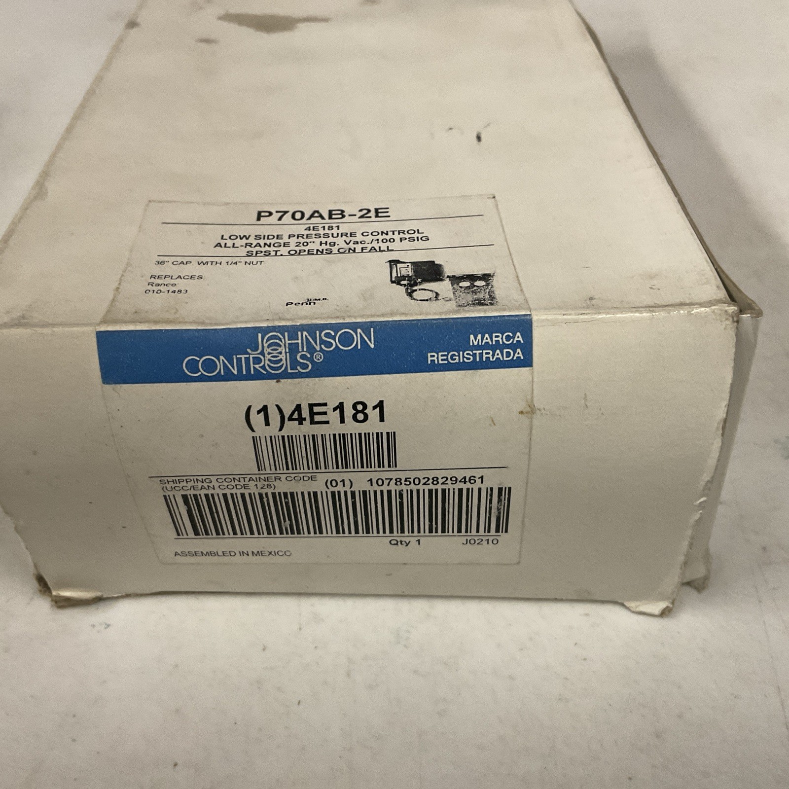 NEW JOHNSON CONTROLS P70AB-2E LOW SIDE PRESSURE CONTROL 20″HG VAC P70AB-2