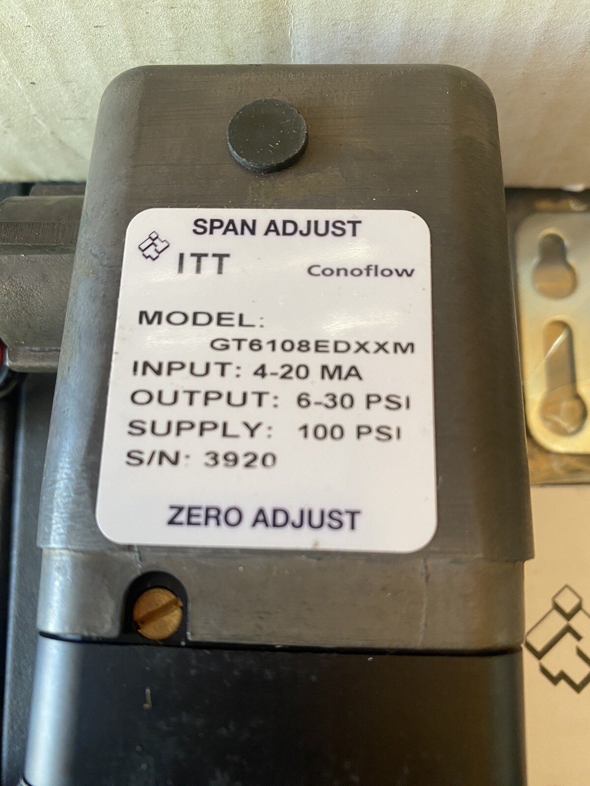 (MC41) GT6108EDXXM ITT ConoFlow Span Adjust Transducer 4-20MA 6-30PSI