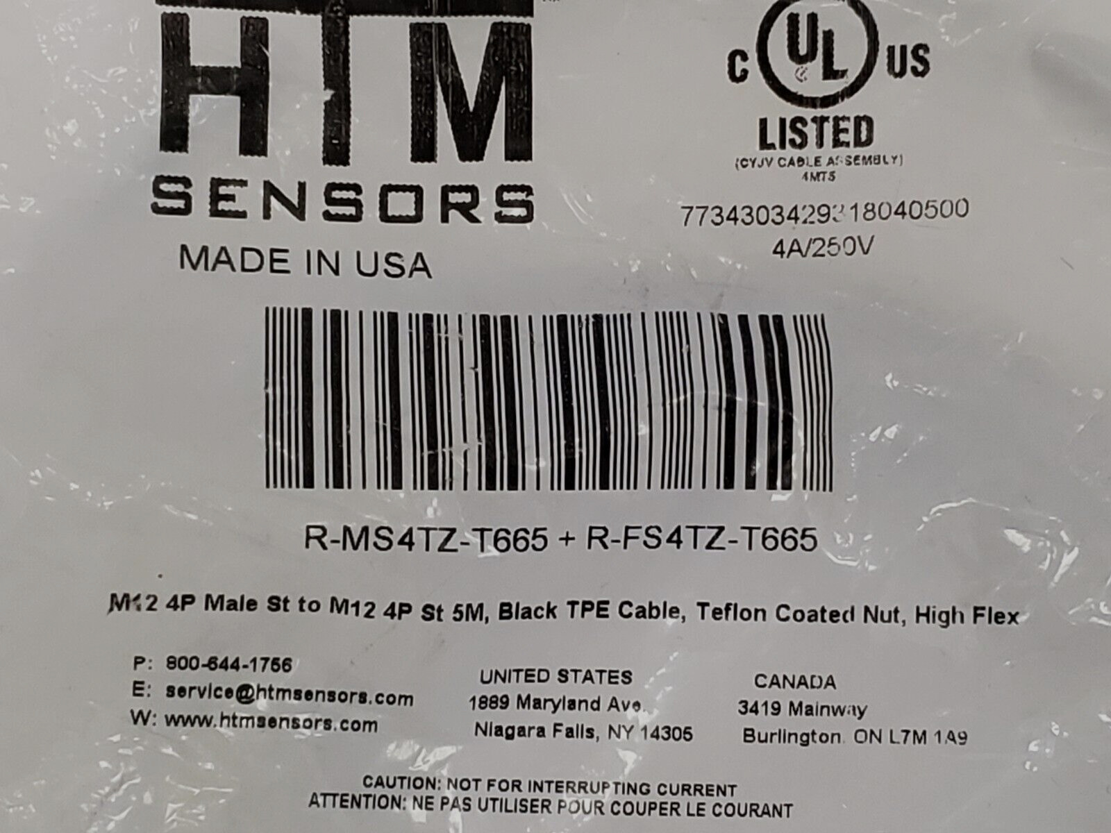HTM SENSORS R-MS4TZ-T665+R-FS4TZ-T665 CABLE MALE/FEMALE 4 POLE NIB