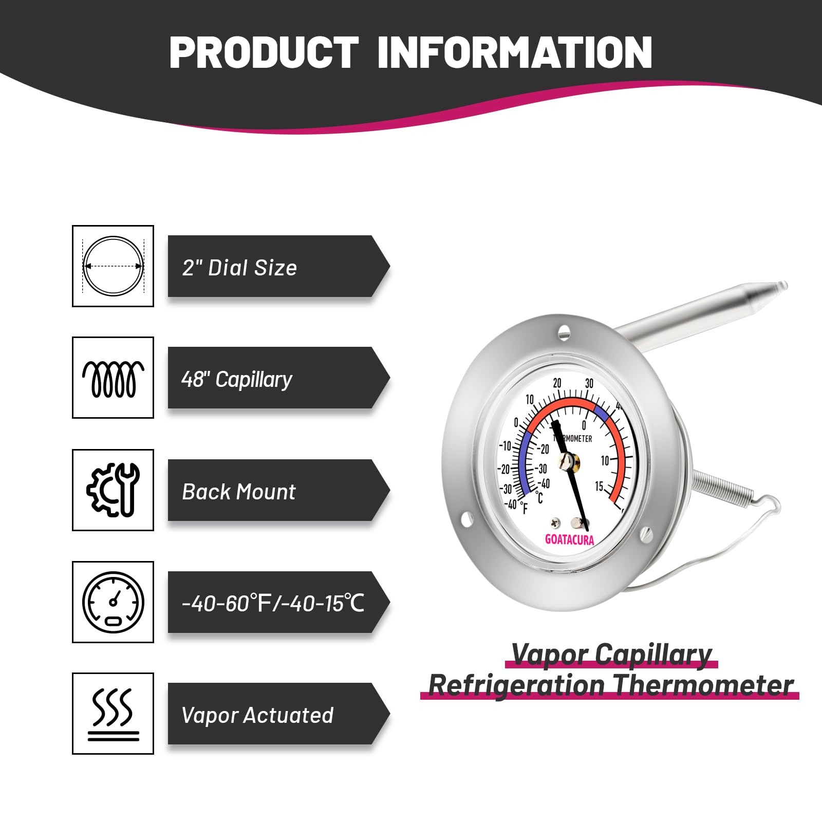 Vapor Capillary Refrigeration Thermometer, Stainless Steel Flanged Panel Moun…