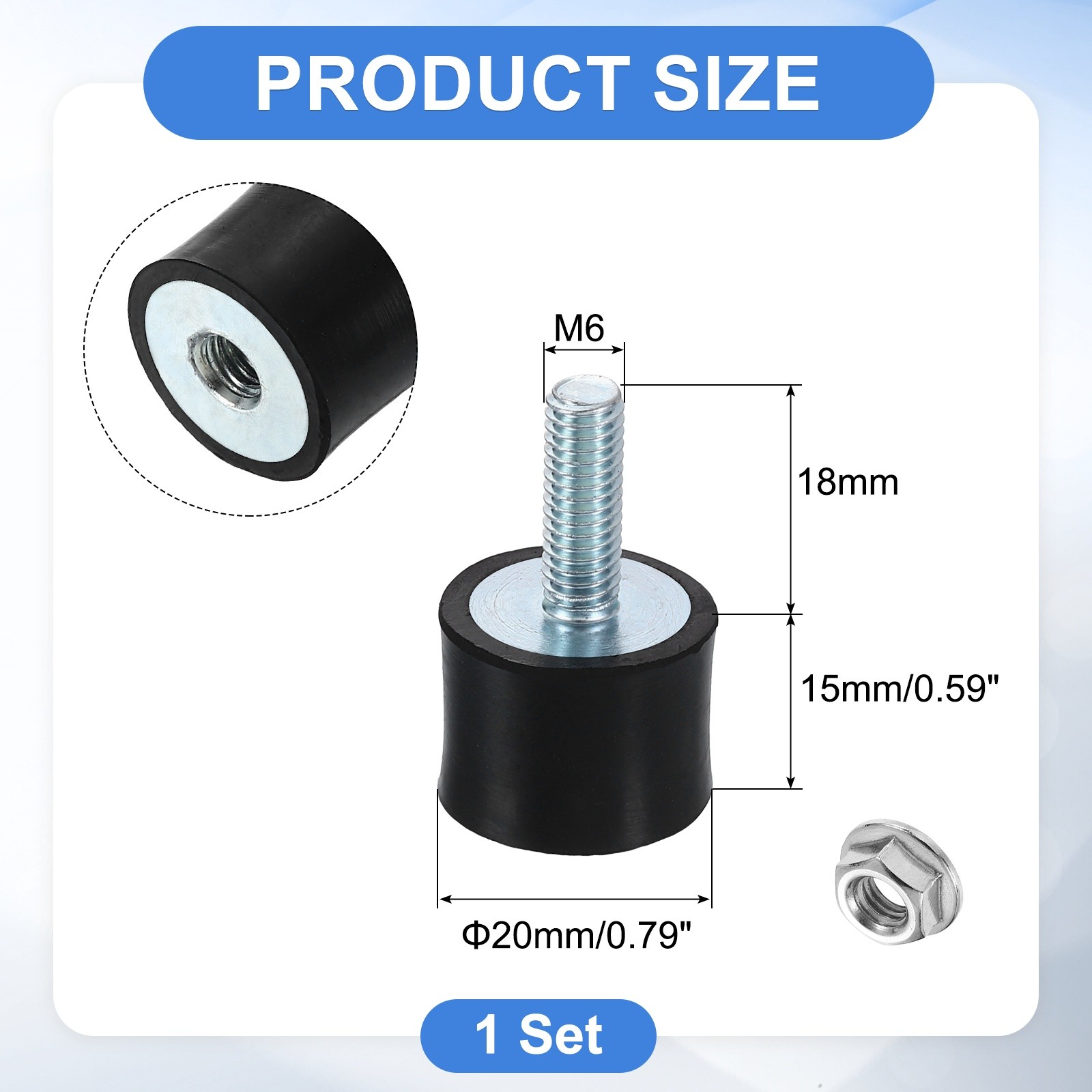 1Pcs M6x18mm Rubber Mounts, 20x15mm(DxH) Rubber Shock Absorber Mount with Nuts