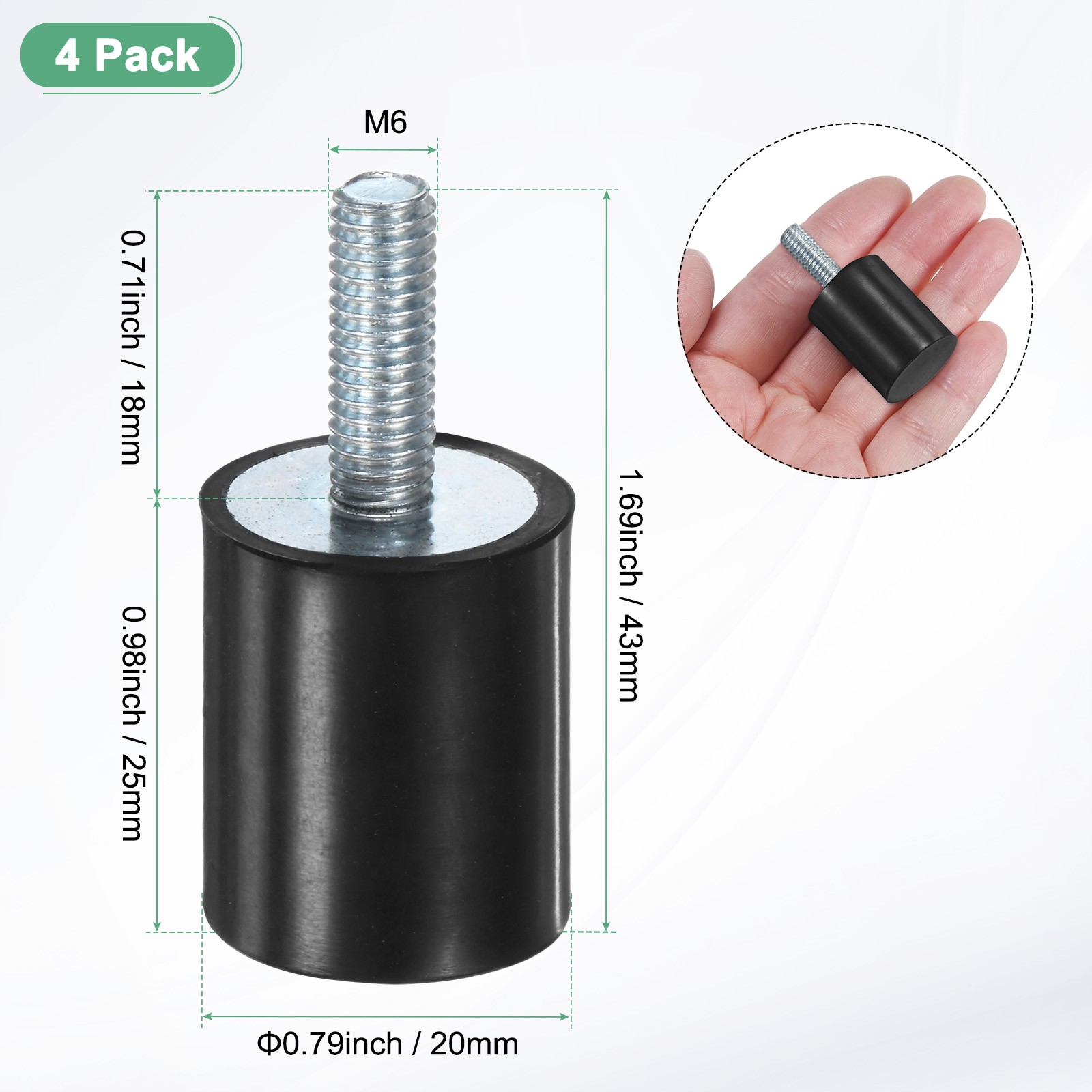 4-Pack Rubber Mounts with M6 x 18mm Studs Male D20mmxH25mm