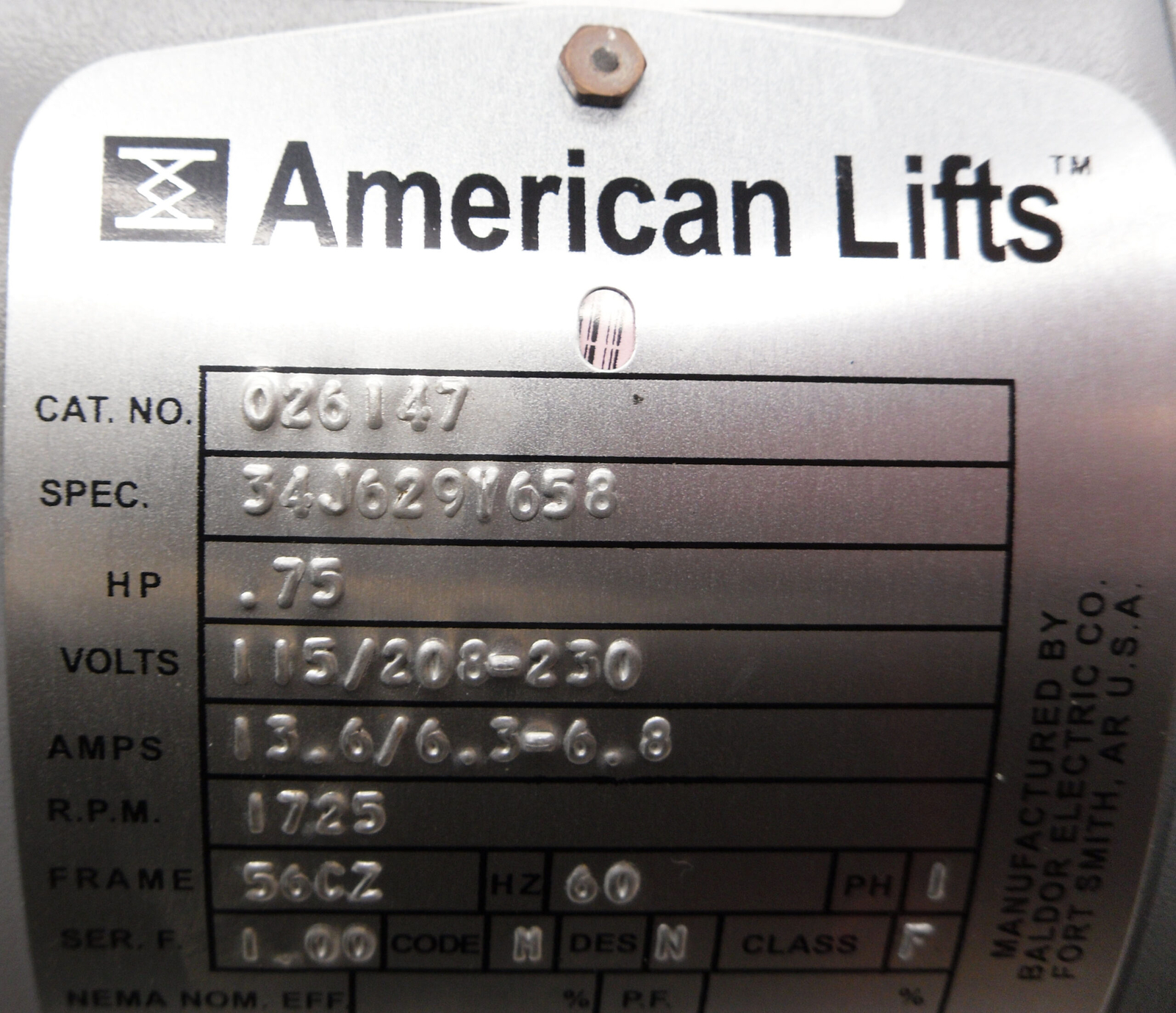 NEW BALDOR AMERICAN LIFTS 026147 MOTOR .75HP 1725RPM FR:56CZ 34J629Y658