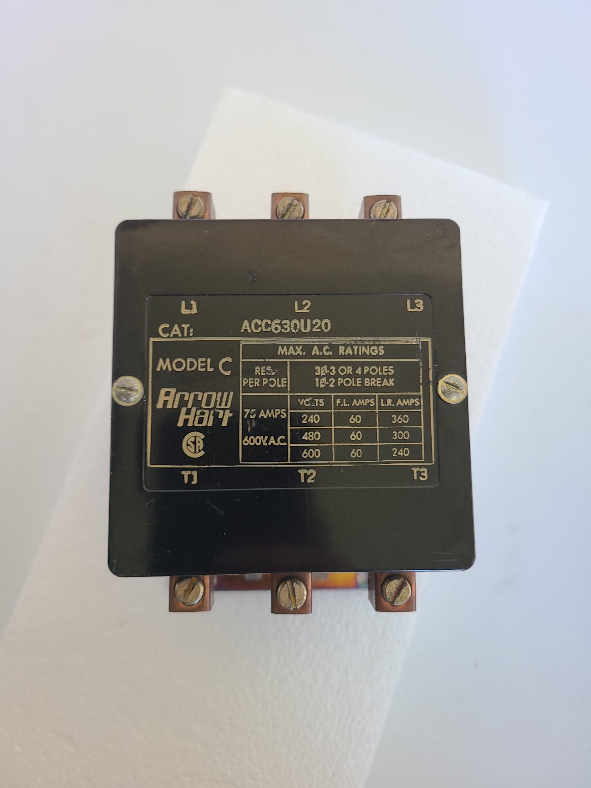 Arrow Hart ACC630U20 Magnetic Contactor Model C 110V coil 75A 600VAC