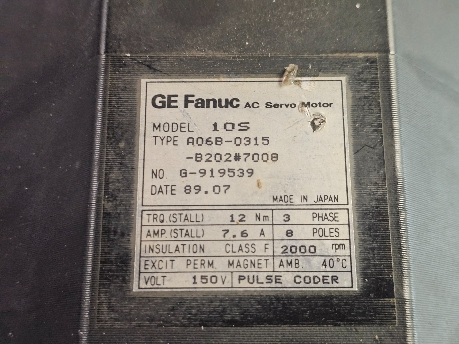 GE FANUC A06B-0315-B202#7008 AC Servo Motor 150V *FOR PARTS ONLY/NOT WORKING*