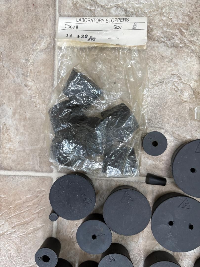 Over 40 Assorted Laboratory Stoppers Rubber Black Tapered Plugs, sizes 0-12