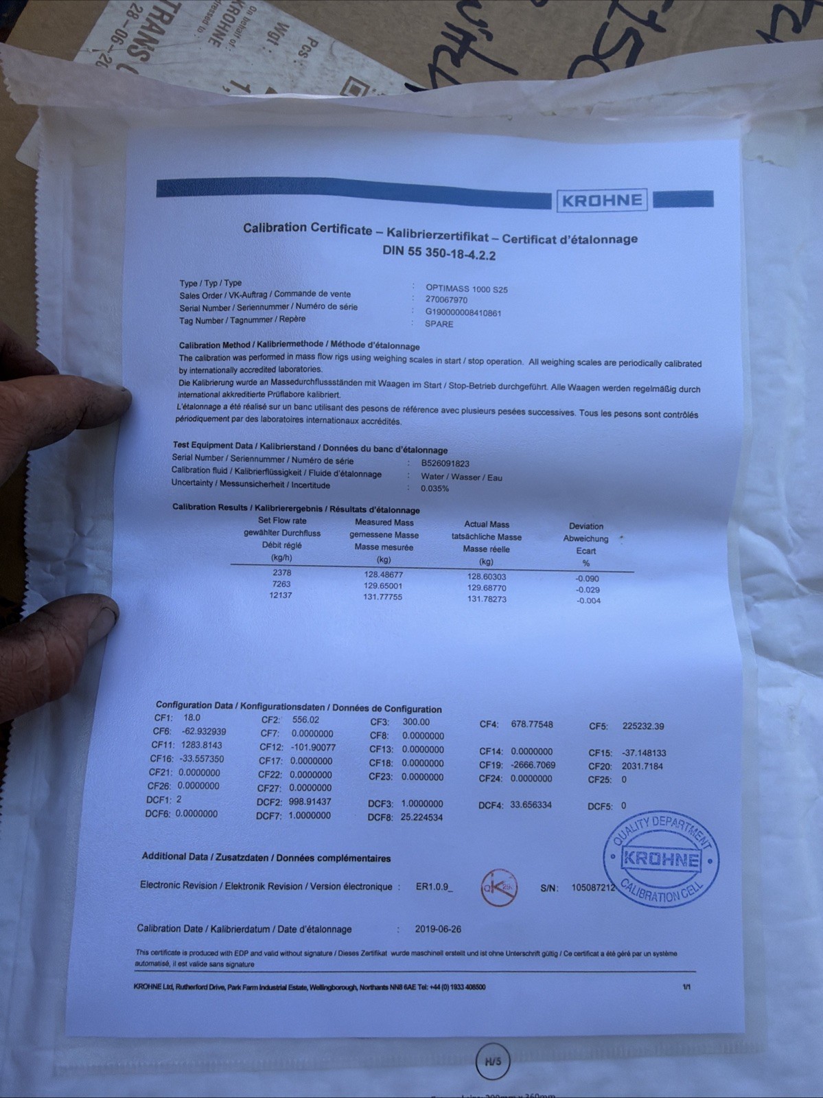 KROHNE OPTIMASS 1400c S25 Wellingborough UK NOS In Open Box