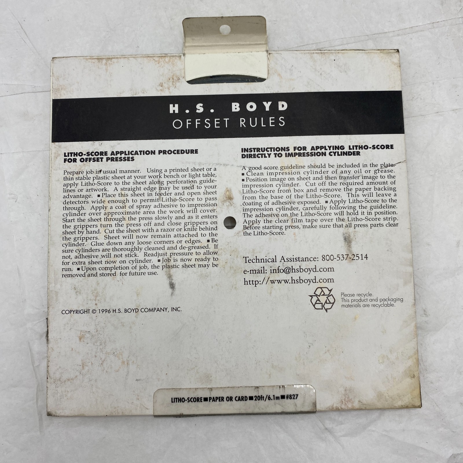 H.S. BODY LITHO-SCORE PAPER OR CARD 20ft /6.1m ROLL PRODUCT: 827, OFFSET RULES