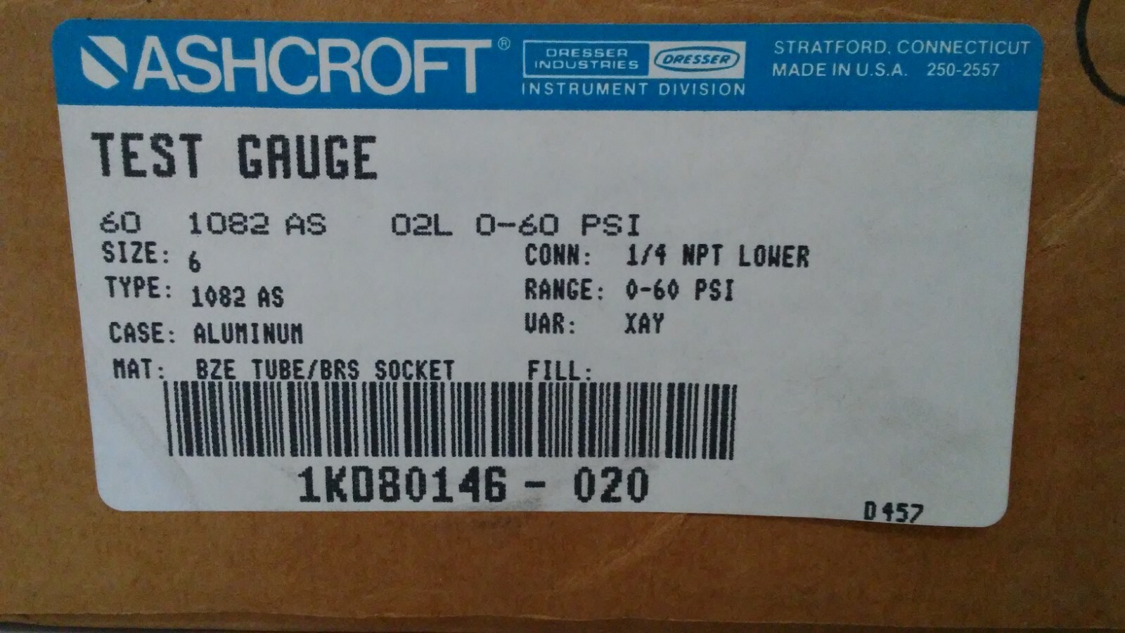 NEW IN BOX! ASHCROFT SIZE 6 1/4″ NPT 0-60 PSI TEST GAUGE 60-1082-AS-02L