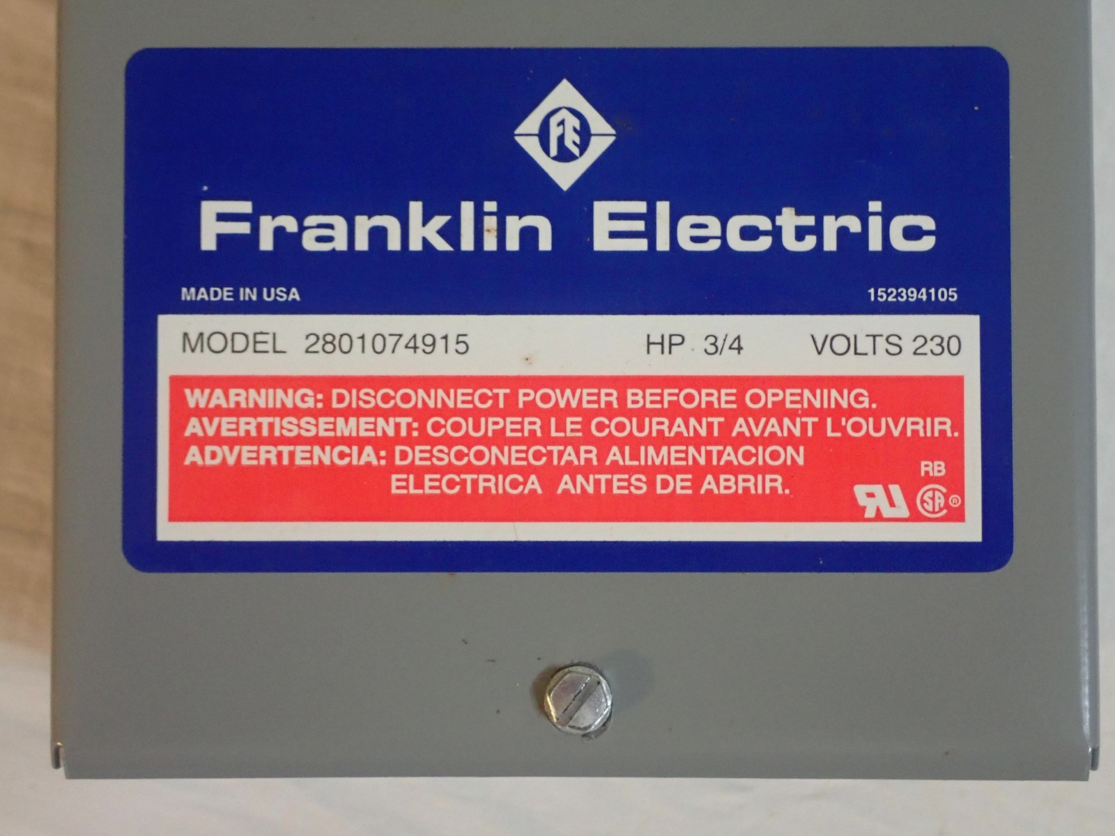 NOS FRANKLIN ELECTRIC 2801074915 SUBMERSIBLE MOTOR CONTROL BOX 3/4HP 230V 60HZ