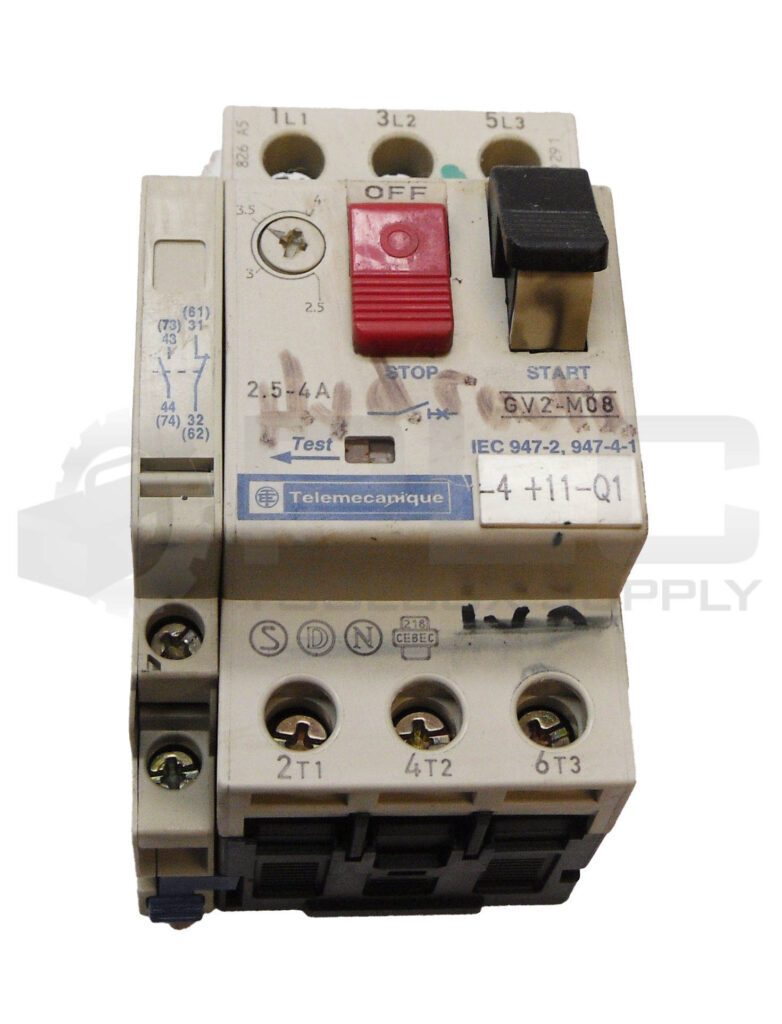 TELEMECANIQUE GV2-M08 CIRCUIT BREAKER 2.5-4A 690V W/ GV2-AN11 AUXILIARY CONTACT