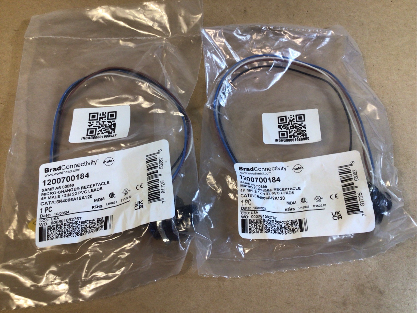 2 X BRAD HARRISON 8R4006A18A120 12″ 4P MALE MICRO-CHANGE RECEPTACLE / New