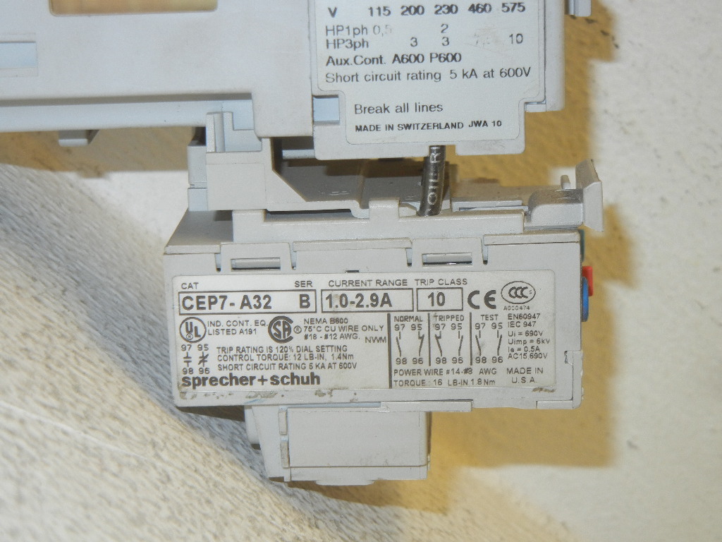 SPRECHER SCHUH CA7-12C-10 USED CONTACTOR W/ CEP7-A32 OVERLOAD RELAY CA712C10