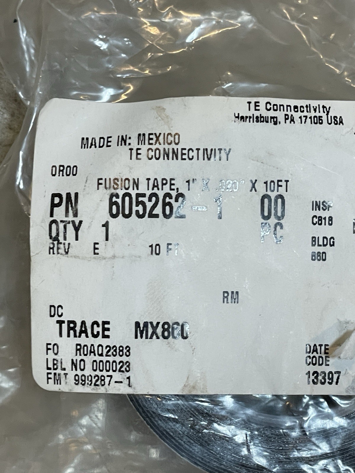 TE Connectivity 605262-1 Fusion Tape 1″ x .020 x 10FT New Surplus