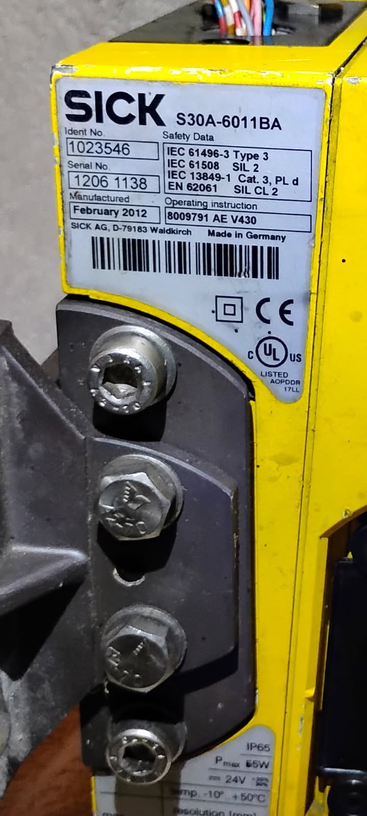 Sick S30A-6011BA Safety Laser Scanner, Type 3, 24V used “OBO”
