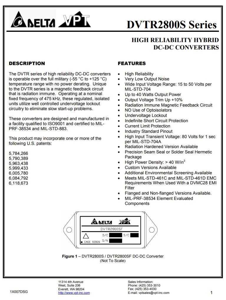 Delta High Reliability Hybrid Mil-Spec DC-DC Converter DVTR2805 50V max to 5VDC