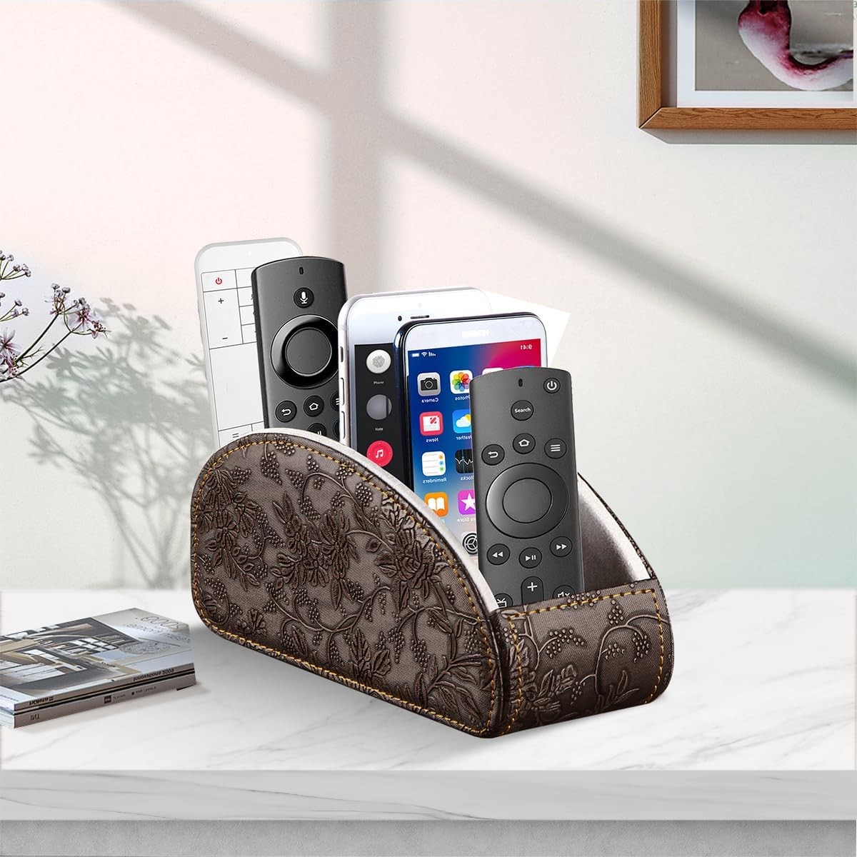TV Remote Control Holder with 5 Compartments,Pu Leather Large, Antique Flower