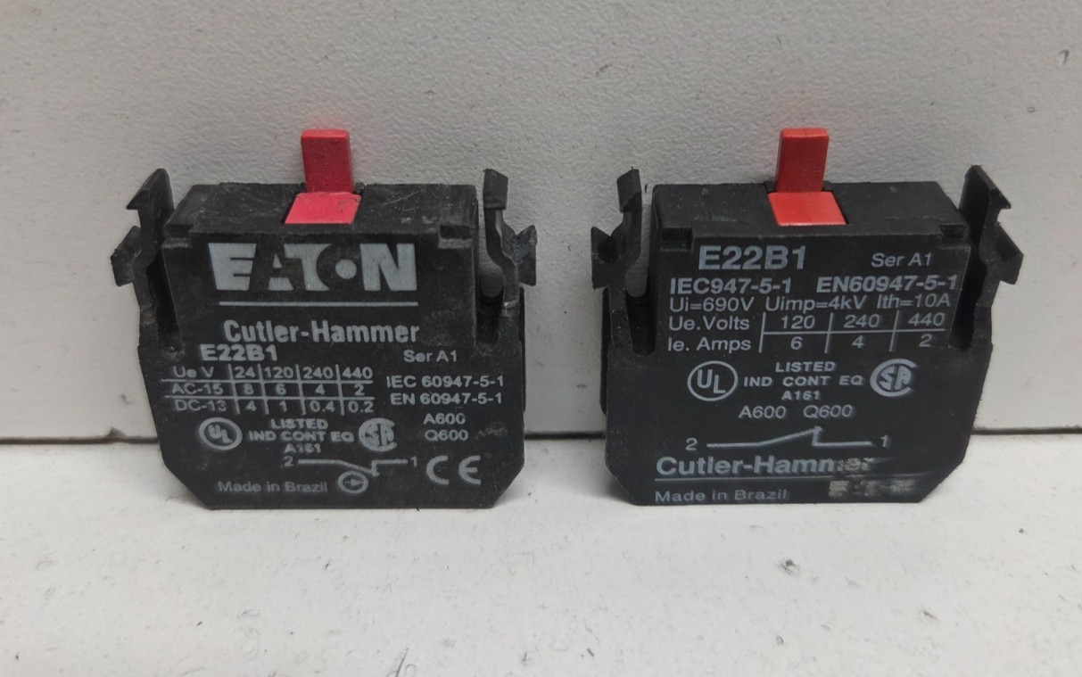LOT OF 2 USED EATON CUTLER-HAMMER 10A 600V 1N.C. CONTACT BLOCKS E22B1