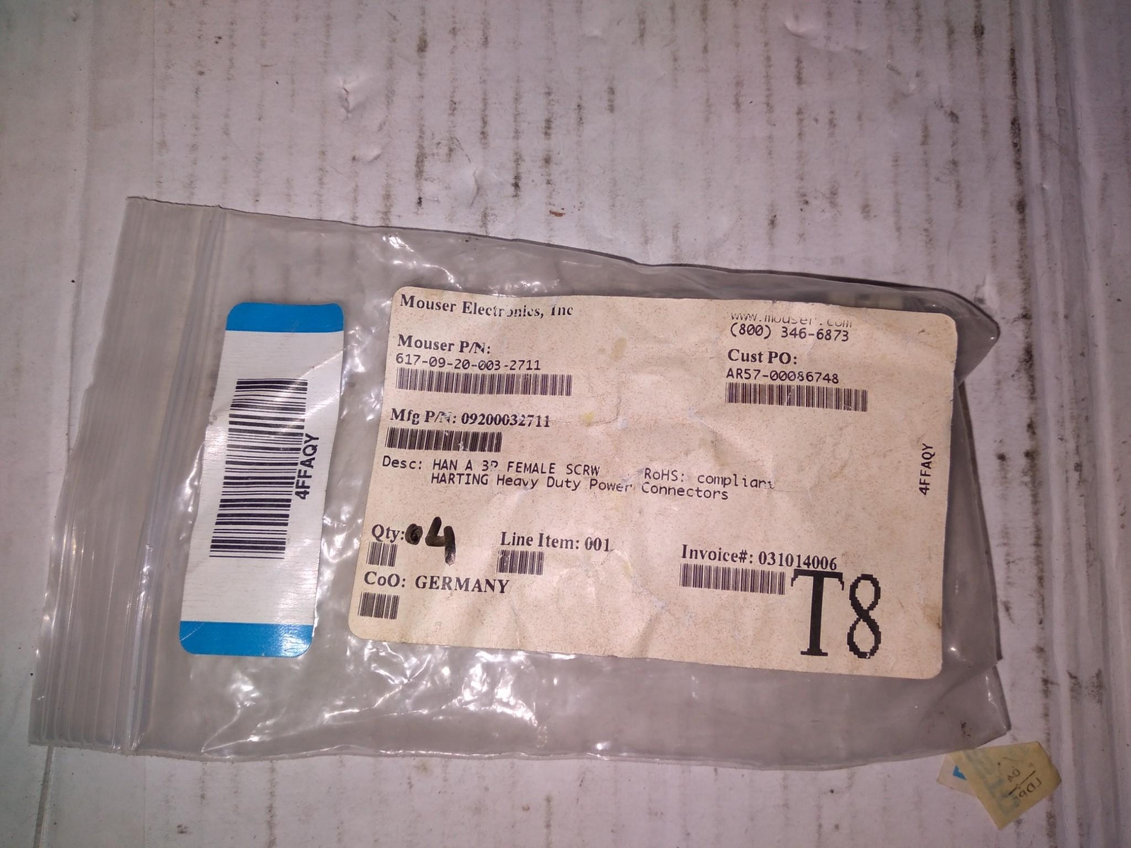 MOUSER ELECTRONICS 617-09-20-003-2711 HAN A 3P FEMALE SCREW 031014006 ‘4 PER BAG