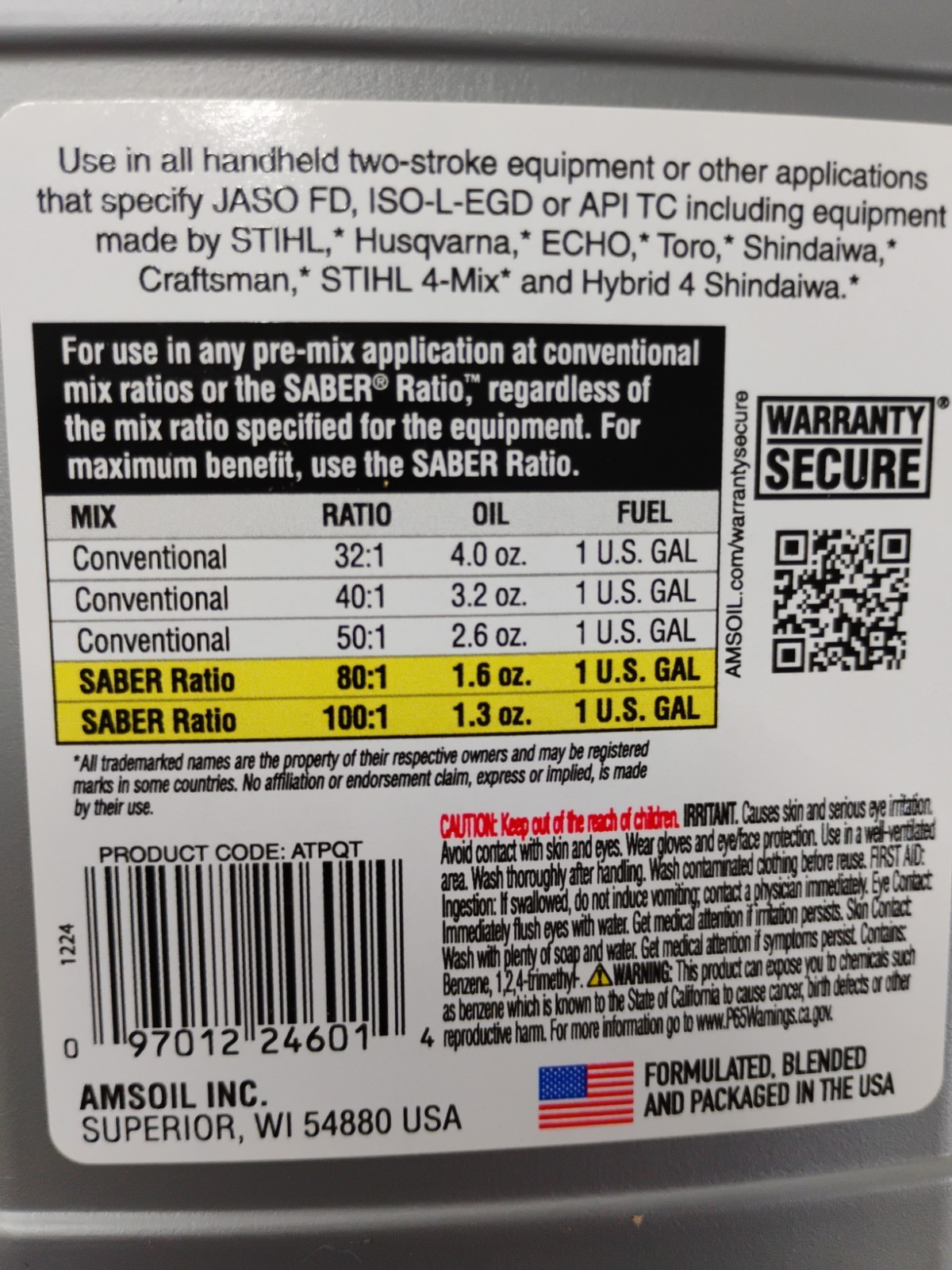 AMSOIL SABER Professional 100% Synthetic 2-Stroke Oil Multi Ratio Mix, 1-Quart