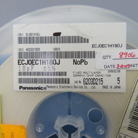 Panasonic ECJ0EC1H180J Qty of 1000 per Lot CAP 18PF 5% 0402 NPO 50V