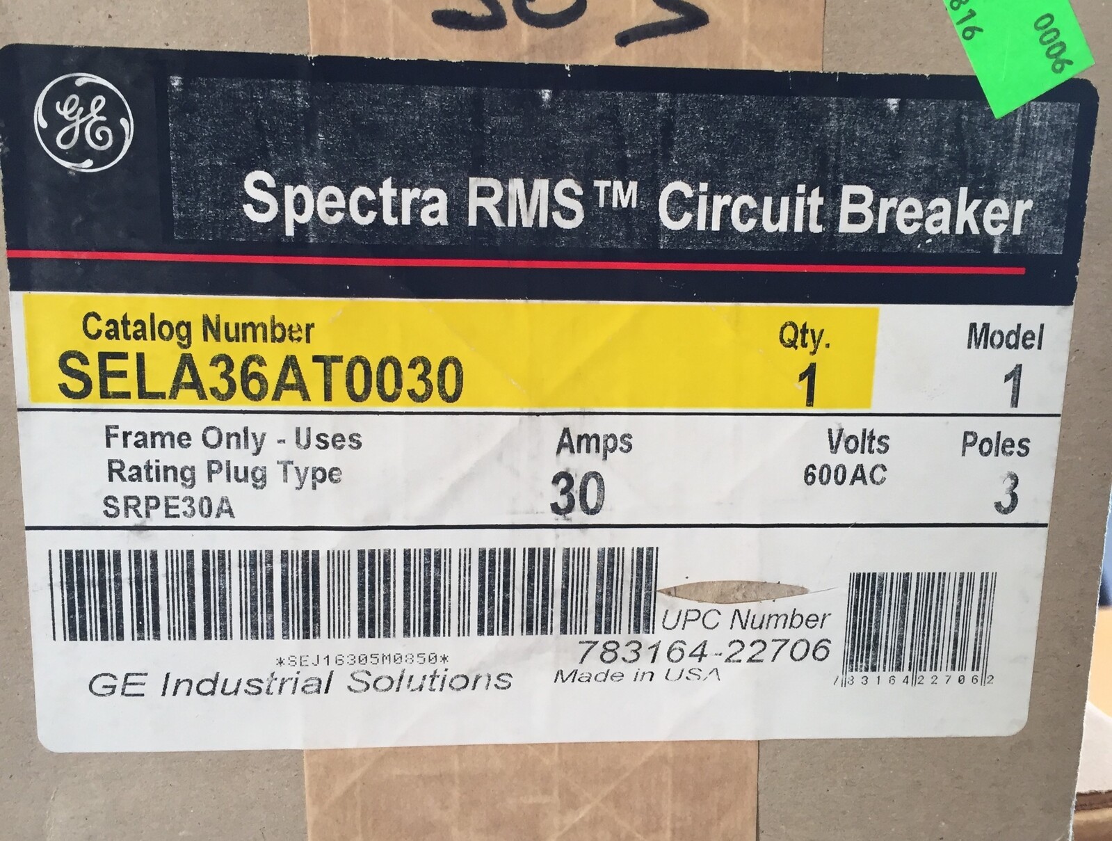 GE SELA36AT0030 Circuit Breaker 30A 3P 600VAC Spectra RMS Series