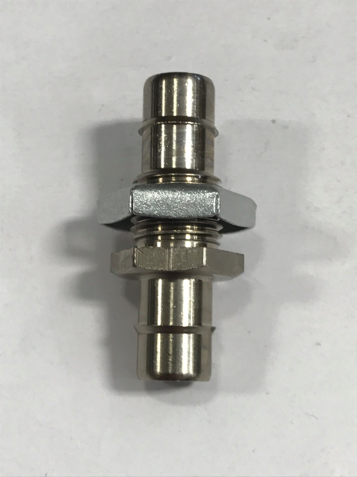 Nickel plated brass bulkhead fitting 1/2-20 thread to 3/8 ID tubing barb
