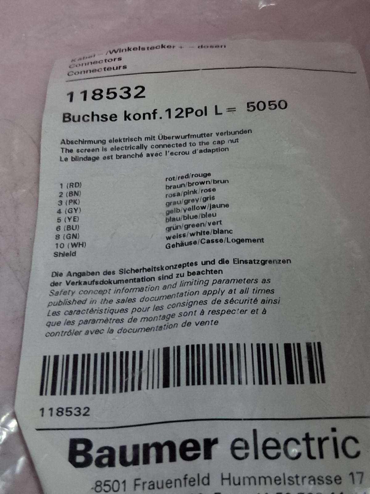 BAUMER 118532 CONNECTOR CABLE 12 PIN FEMALE NIB