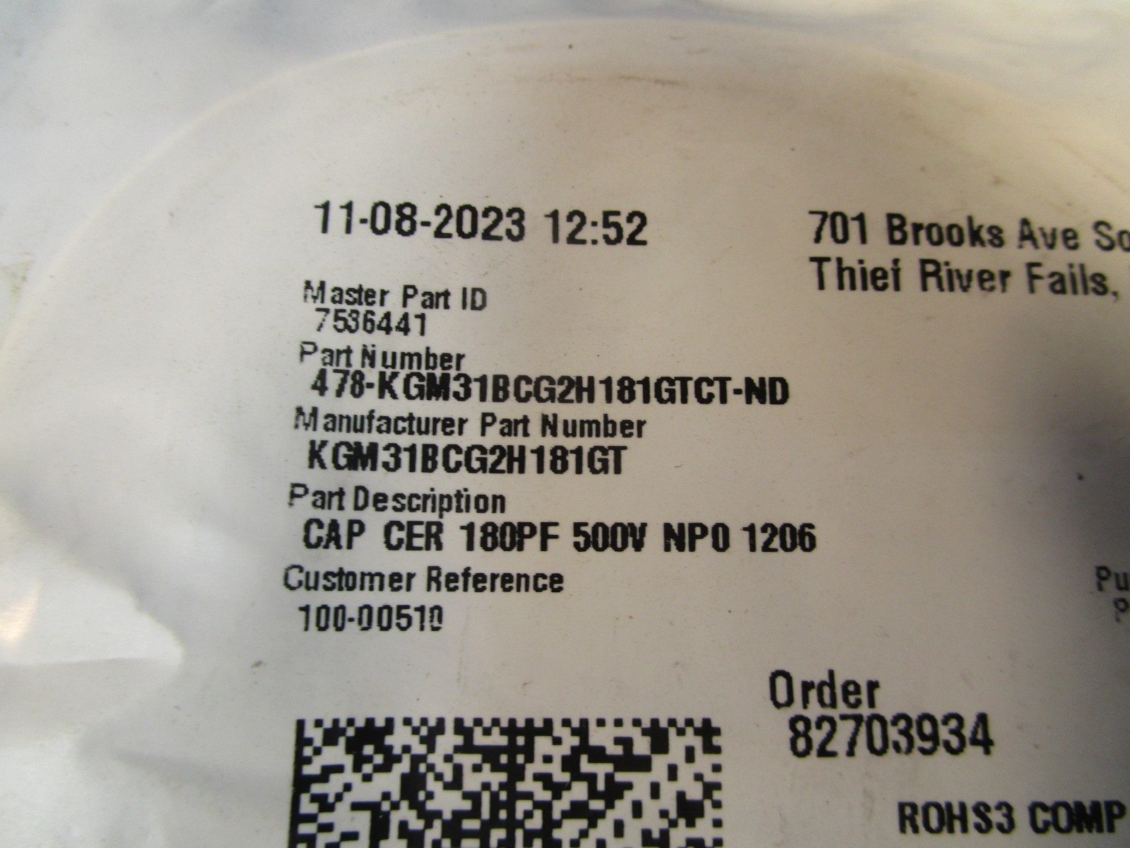 6 LOT OF 45 KYOCERA AVX KGM31BCG2H181GT, CAP, 500V Ceramic Capacitor