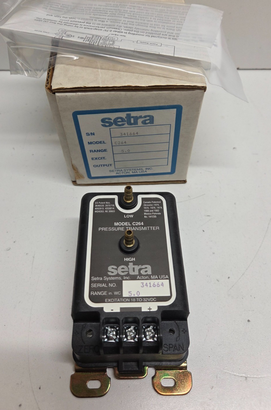NEW IN BOX! SETRA 24V 5.0″WC RANGE PRESSURE TRANSMITTER C264
