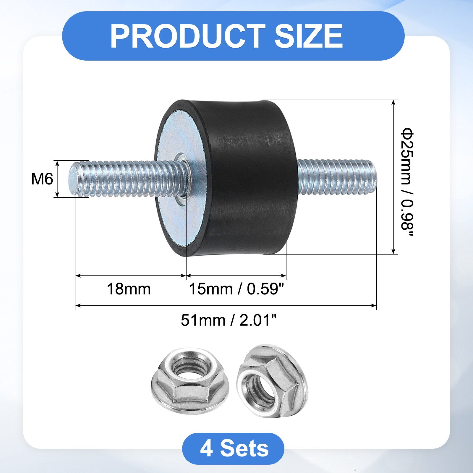 4Pcs M6 x 18mm Rubber Mounts 15 x 25mm Rubber Vibration Isolator with Nuts