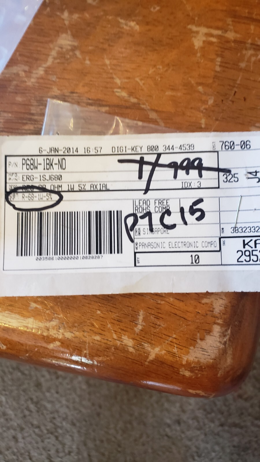NEW LOT of 8 Panasonic R-68-1W-5% axial 68 ohm Resistor thru-hole # ERG-1SJ680