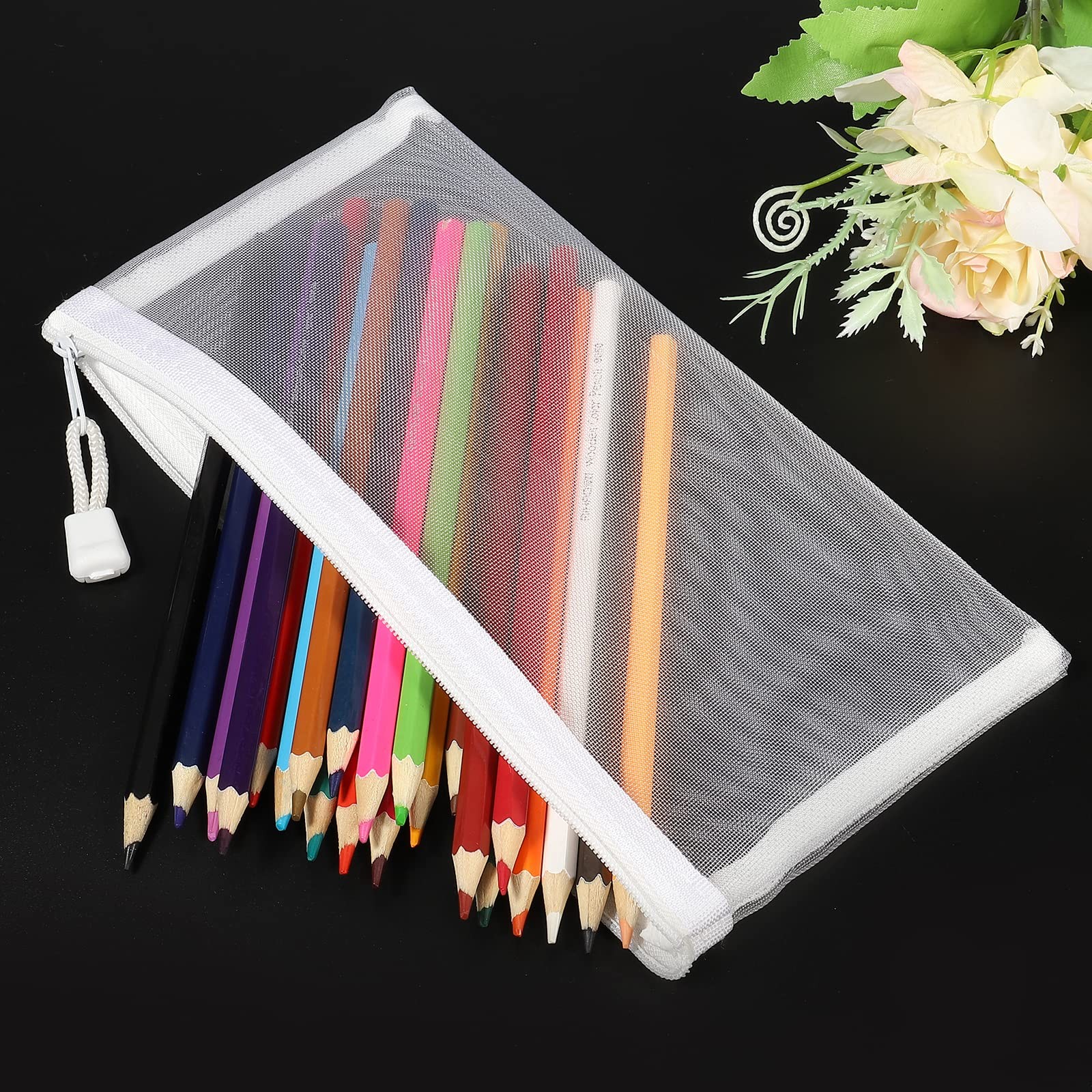 MECCANIXITY Mesh Zipper Bags, B6 Nylon Zip Pouch Pencil Case B6, White