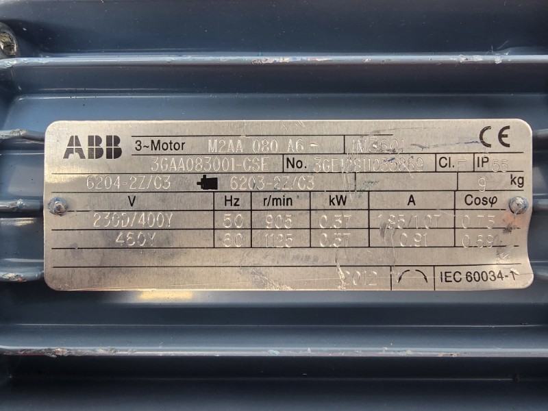 ABB M2AA080A6 3GAA083001-CSE 230/400-460V 1.85/1.07-0.91A (AS PICTURED) NSNP