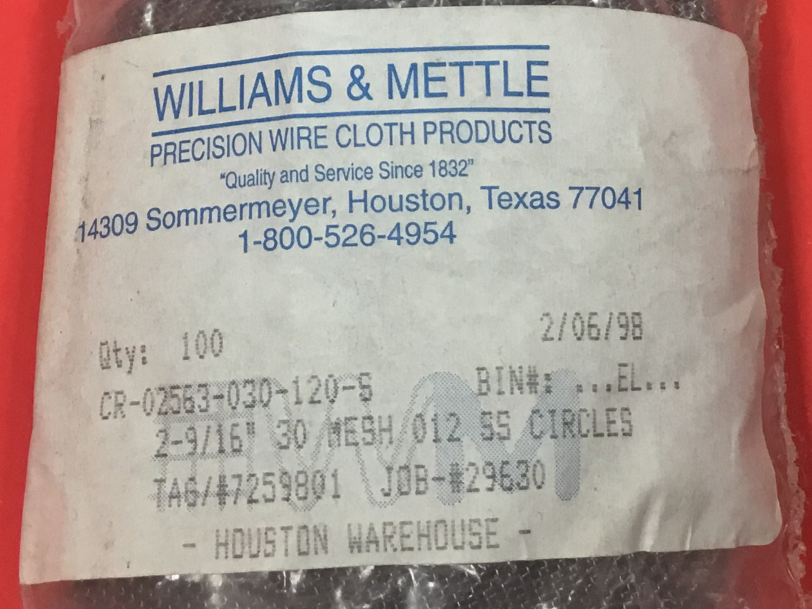 Williams & Mettle – P/N: CR-02563-030-120-S – 2-9/16” – QTY. (100) – NEW