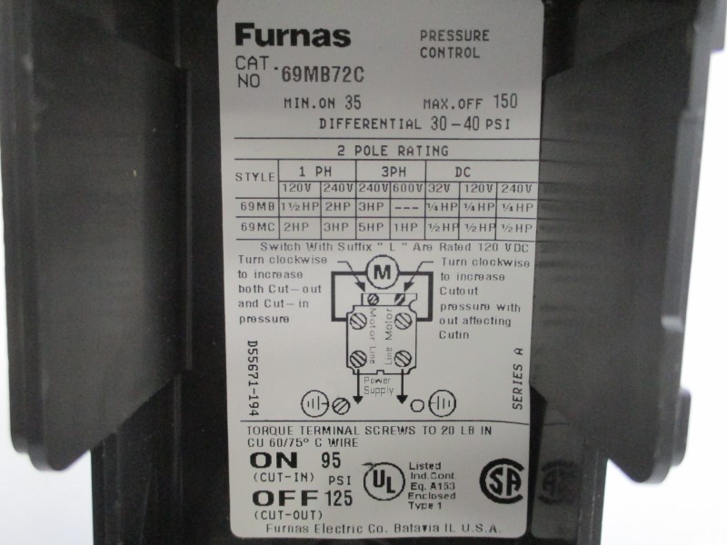 FURNAS ELECTRIC 69MB72C SER. A 600V 30-40PSI NSMP