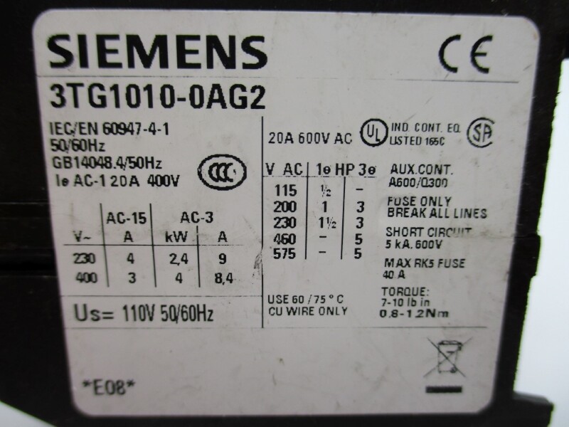 SIEMENS 3TG1010-0AG2 600VAC 20A NUPI