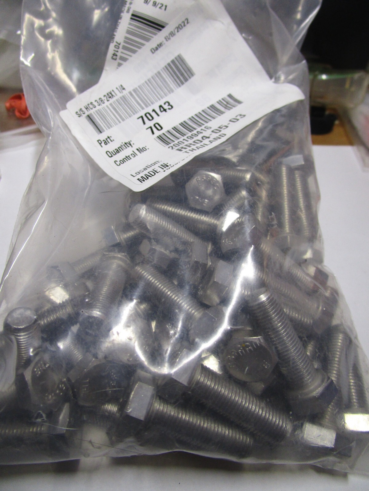 3/8″-24 x 1-1/4″ ASTM F593 18-8 Stainless Steel Hex Cap Screw QTY 70