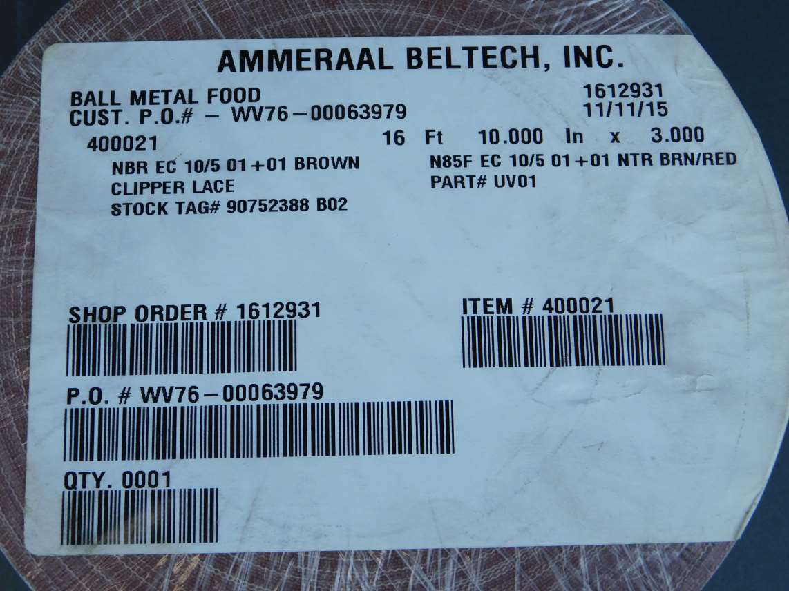 Ammeraal Beltech 16′ 10″ x 3″ Brown Conveyor Belt UV01 – NEW Surplus!