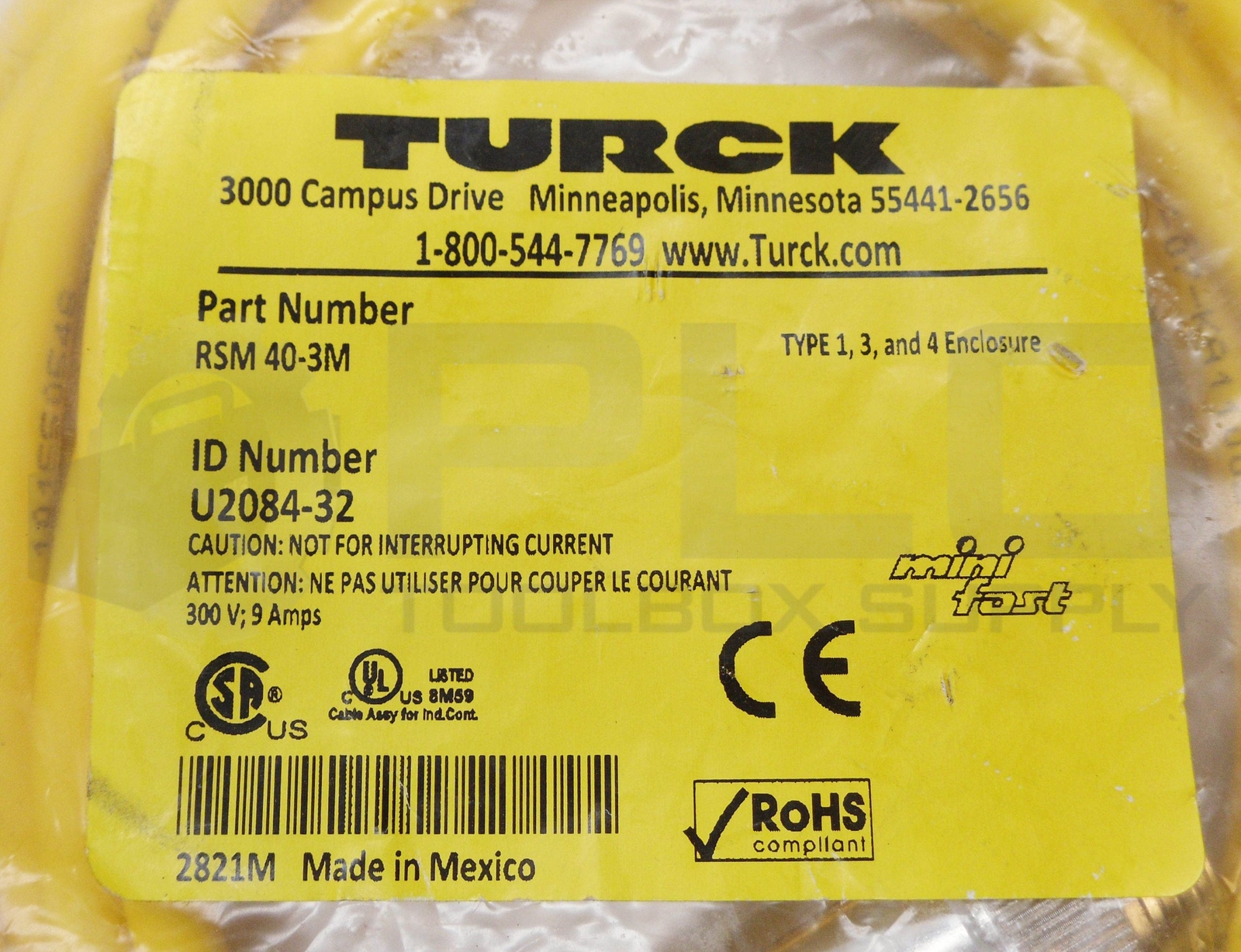 SEALED NEW TURCK RSM 40-3M CORDSET CABLE 300V 9AC 3M U2084-32