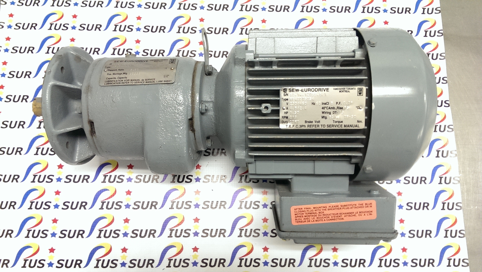 NSSP SEW EURODRIVE 1.5HP MOTOR RF40 DT90S4 RF40DT90S4 219 RPM 7.5:1 3PH 230/460V