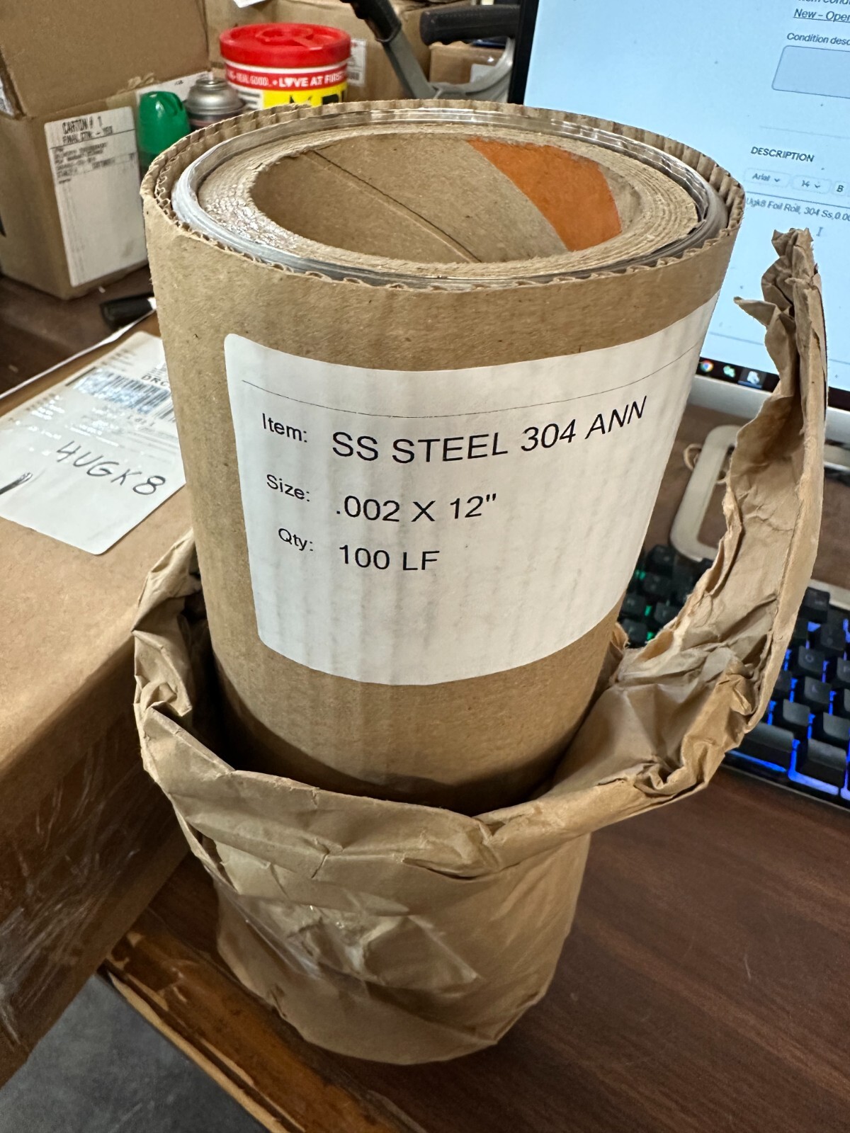 4Ugk8 Foil Roll, 304 Ss,0.002 Thx12 In W, 100 Ft