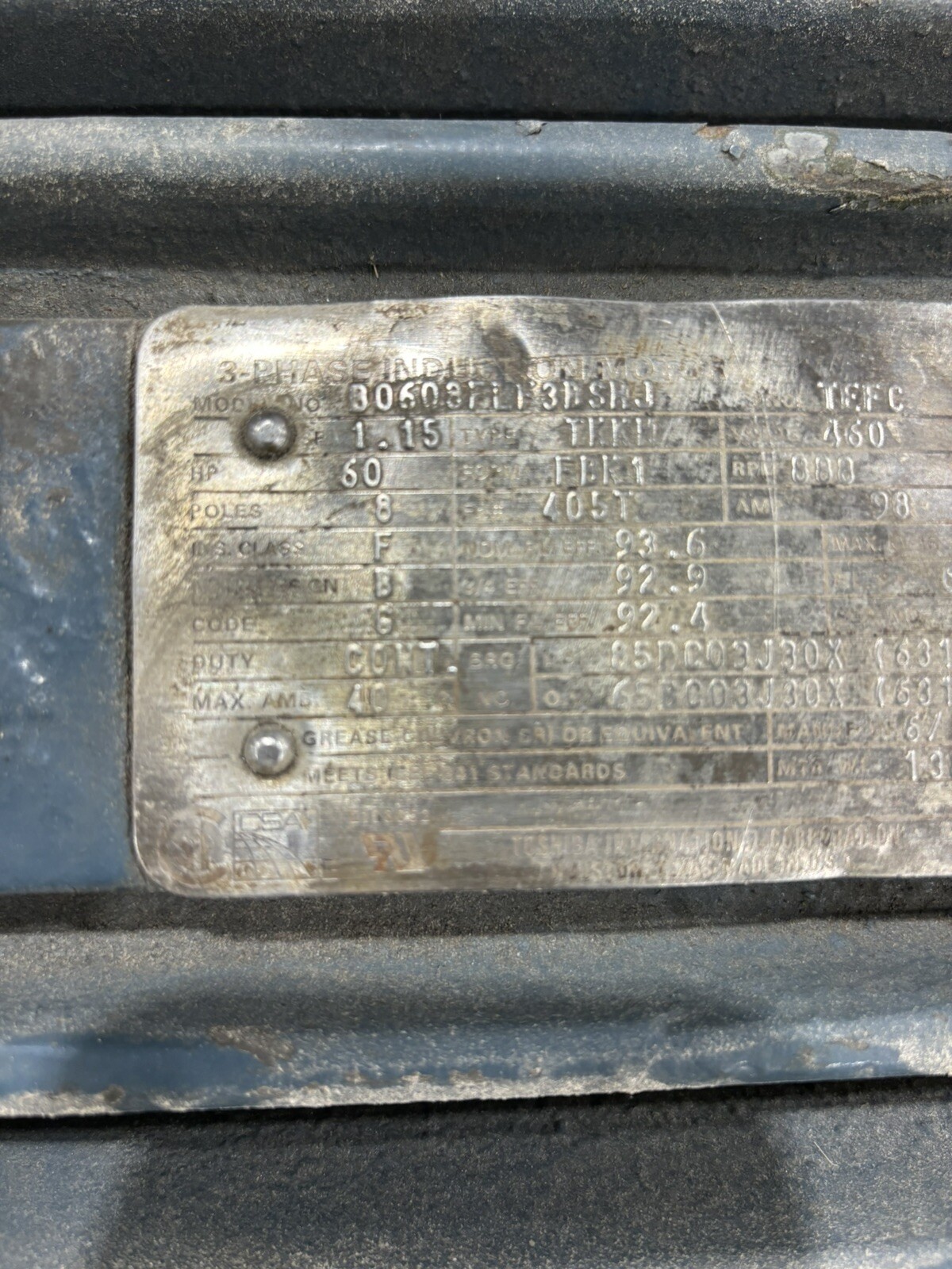 60HP 460V – TOSHIBA B0608FLF38SHJ – 60 HP ELECTRIC MOTOR 888 RPM 405T