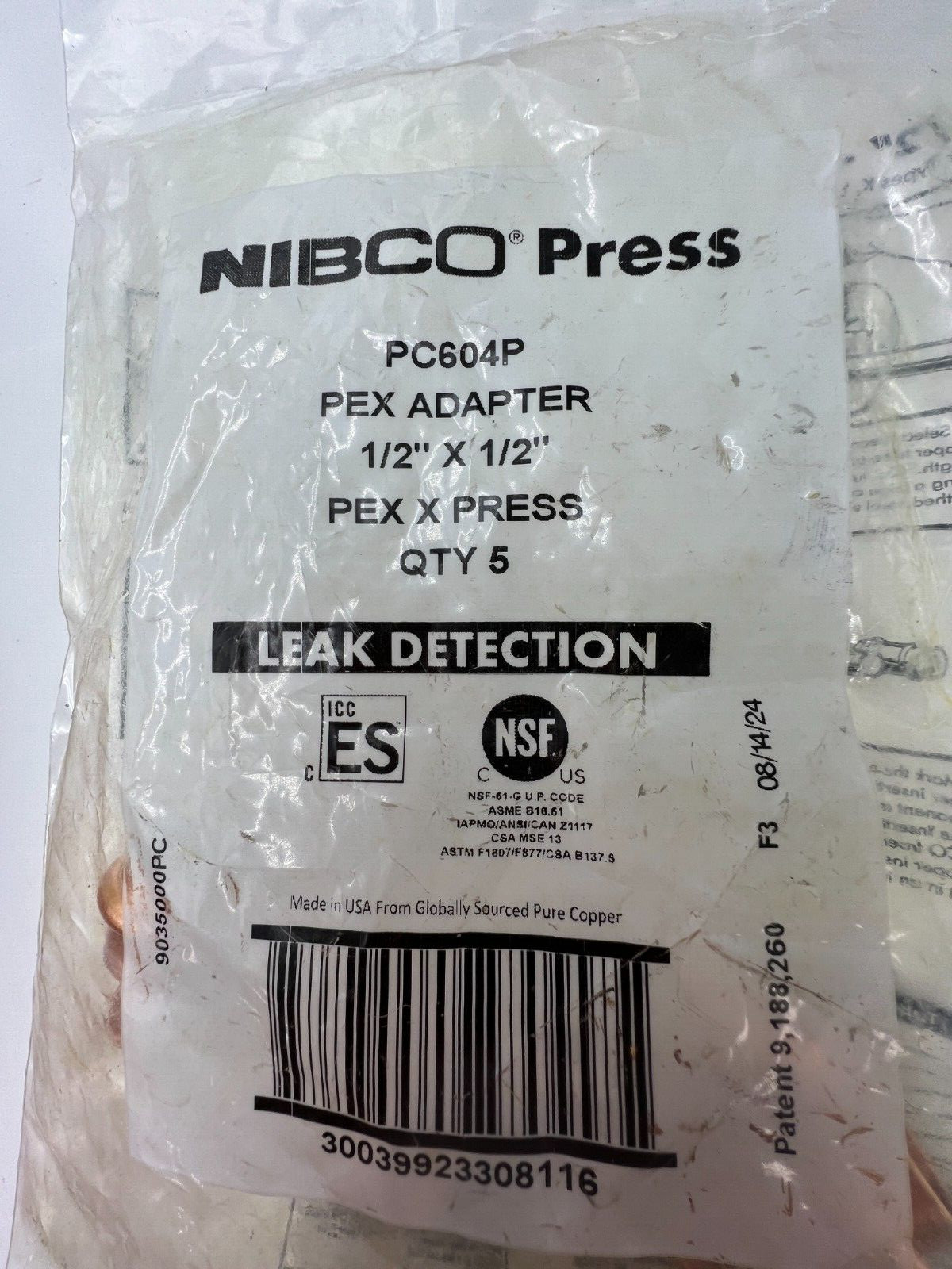 QTY 5 NIBCO 9035000PC PC604P ADAPTER, 1/2 INCH X 1/2 INCH, PEX X PRESS COPPER
